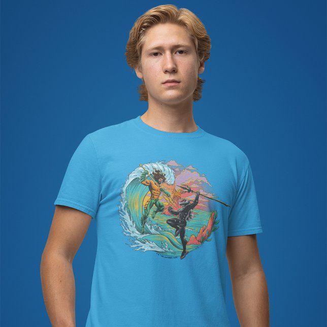 Aquaman & Black Manta Tidal Wave T Shirt (Person wearing shirt)