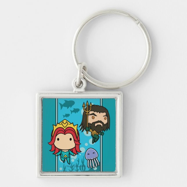 Aquaman | Chibi Mera & Aquaman Undersea Graphic Fyrkantig Silverfärgad Nyckelring (Framsidan)