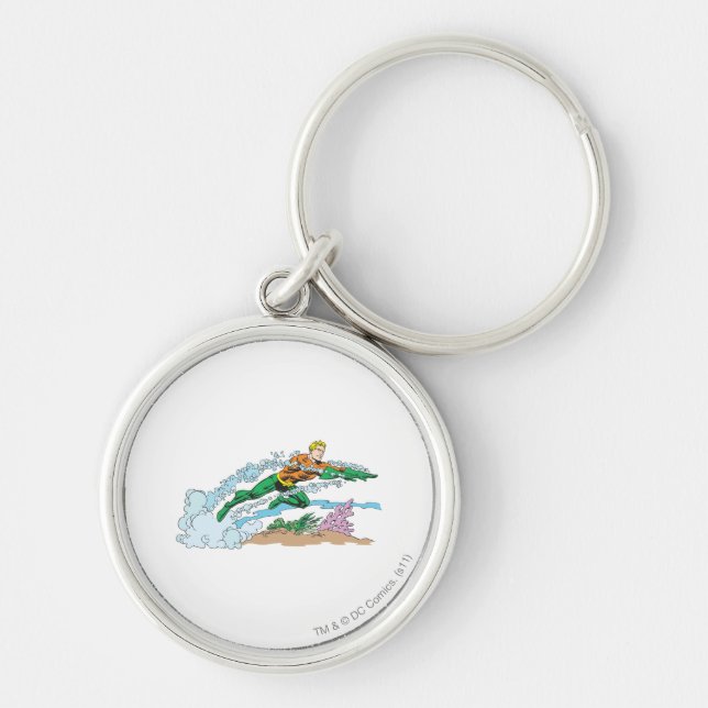 Aquaman Leaps over Coral Rund Silverfärgad Nyckelring (Framsidan)
