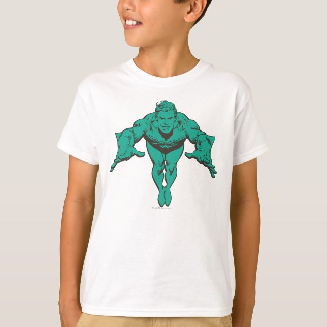 Aquaman Lunging Forward - Teal Tee Shirt (Framsida)