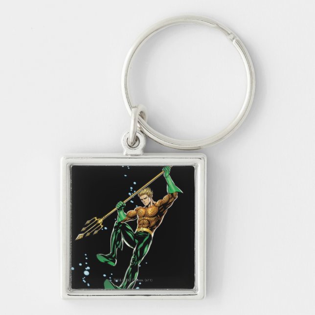 Aquaman med Spear Fyrkantig Silverfärgad Nyckelring (Framsidan)