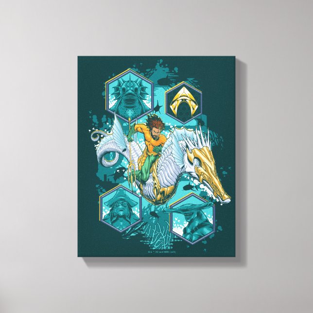 Aquaman Riding Seahorse över Kingdoms Canvastryck (Framsida)