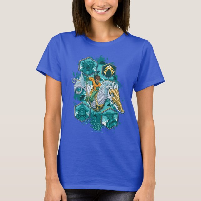 Aquaman Riding Seahorse över Kingdoms T Shirt (Framsida)