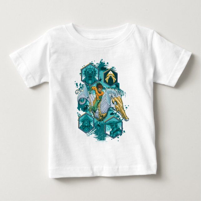 Aquaman Riding Seahorse över Kingdoms T Shirt (Framsida)