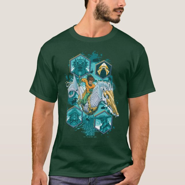 Aquaman Riding Seahorse över Kingdoms T Shirt (Framsida)
