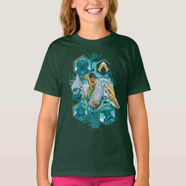 Aquaman Riding Seahorse över Kingdoms T Shirt (Framsida)