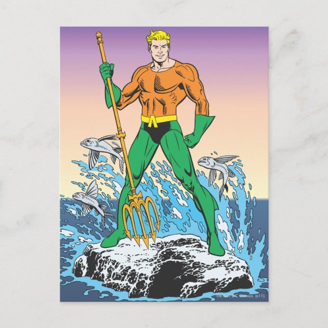 Aquaman står med spjut vykort (Framsida)