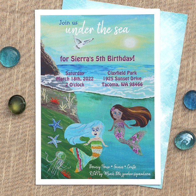Aquamarin, Rosa, Födelsedagsfest av blå Sjöjungfru Inbjudningar (Girl's Happy Birthday, Mermaids, Undersea Adventure, Octopus Party Invitations)