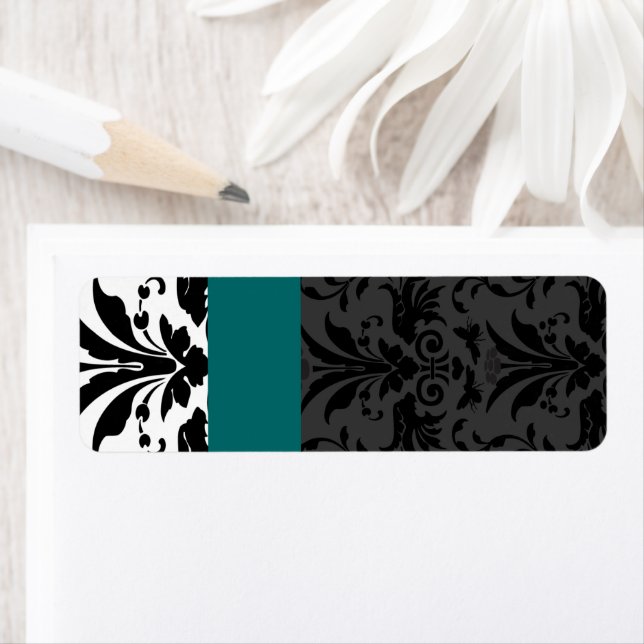 Aquamarine & Black Humla Damask Adress Returadress Etikett (Insitu)