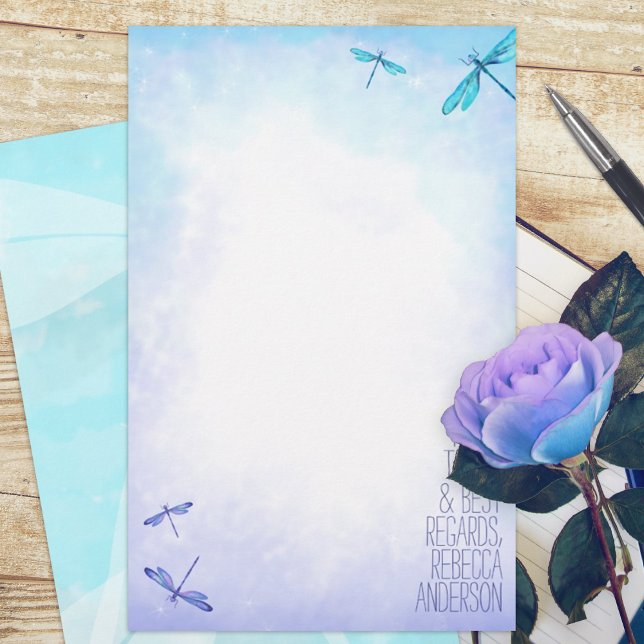 Aquamarine, Blue Dragonflies Personal Stationery (turquoise aqua aquamarine purple dragonfly budget personalized letter writing stationary paper sheet)