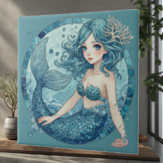 Aquamarine Blue Eye Mermaid Tropical Ocean Corals Kakelplatta