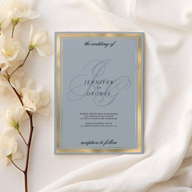 Aquamarine blue guld monogram initialer bröllop inbjudningar (Aquamarine blue gold monogram initials wedding )