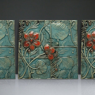 Aquamarine Blue Red Blommigt Organic Mönster Kakelplatta