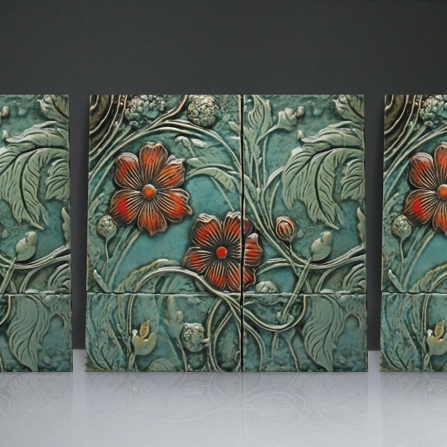 Aquamarine Blue Red Blommigt Organic Mönster Kakelplatta (Skapare uppladdad)