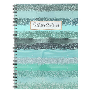 Aquamarine Grönt Blue Glitter Brushstrokes Rand Anteckningsbok