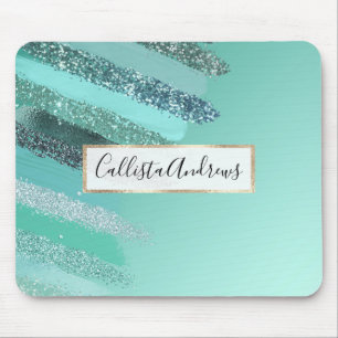 Aquamarine Grönt Blue Glitter Painting Brushstroke Musmatta