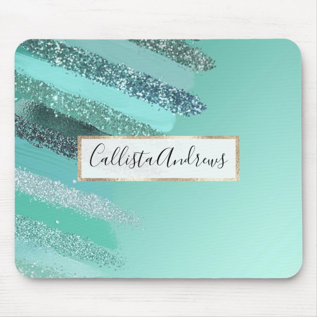 Aquamarine Grönt Blue Glitter Painting Brushstroke Musmatta (Framsidan)