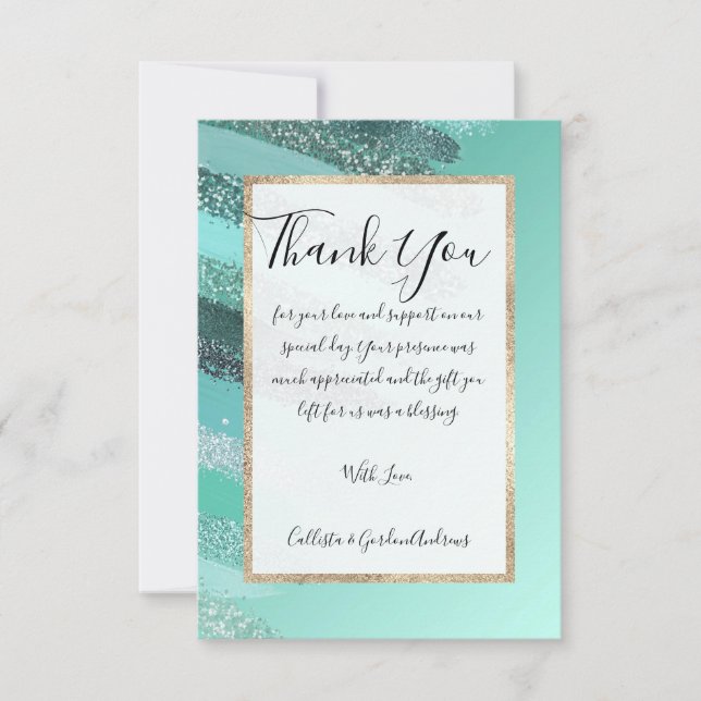 Aquamarine Grönt Blue Glitter Painting Brushstroke Tack Kort (Framsida)