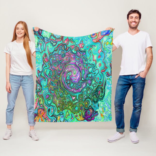 Aquamarine Groovy Abstrakt Retro Liquid Swirl Fleecefilt (På plats)