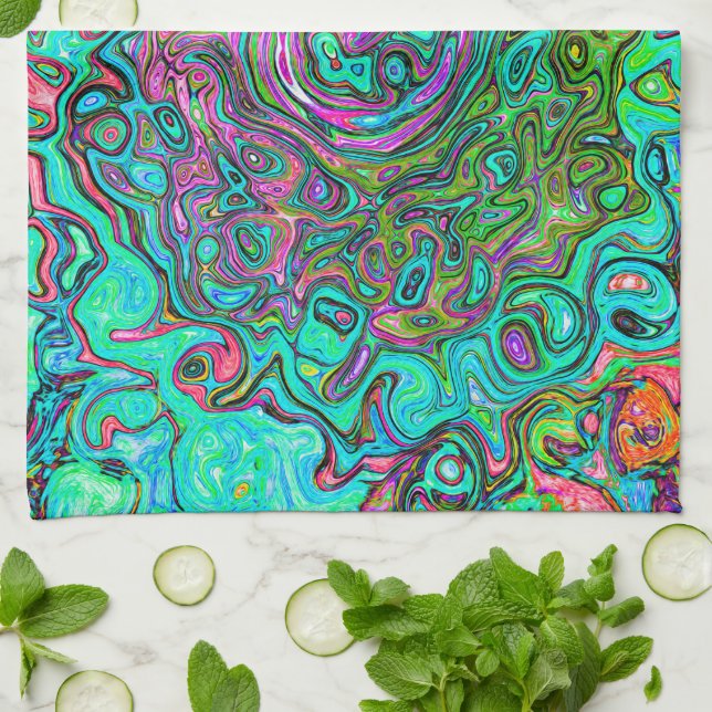 Aquamarine Groovy Abstrakt Retro Liquid Swirl Kökshandduk (Vikta)