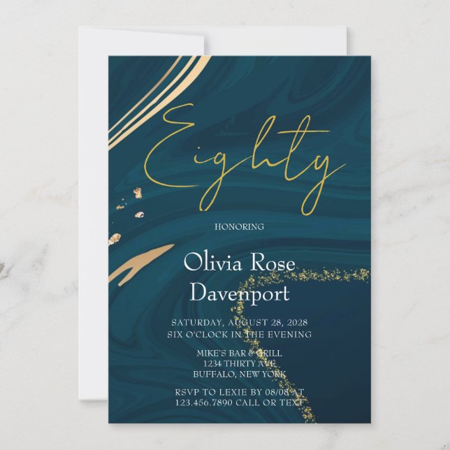Aquamarine Guld Alcohol Bläck 80:e Födelsedagsfest Inbjudningar (Framsida)