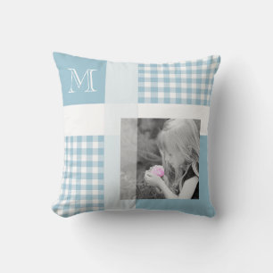 Aquamarine Lägg till ditt foto Gingham Modern Mono Kudde