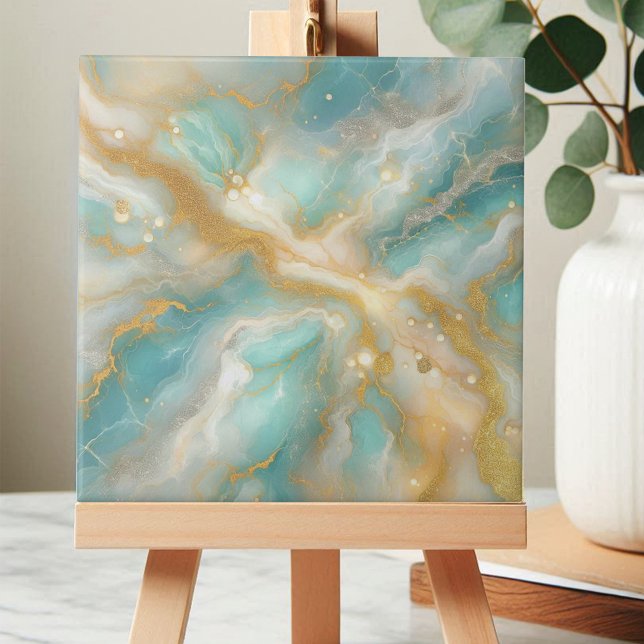 Aquamarine Marble Guld Glitter Veins och Swirls Kakelplatta (Skapare uppladdad)