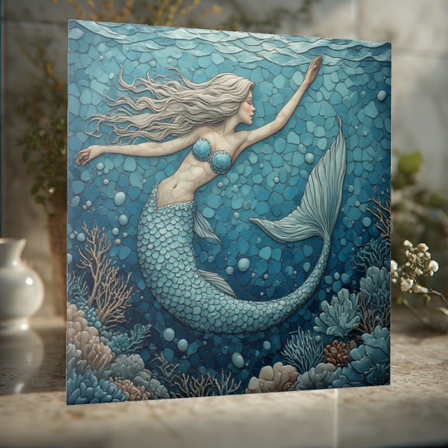 Aquamarine Mermaid Ocean Mosaic Luminous Coral Art Kakelplatta (Aquamarine Mermaid Ocean Mosaic Luminous Coral Art Ceramic Tile)