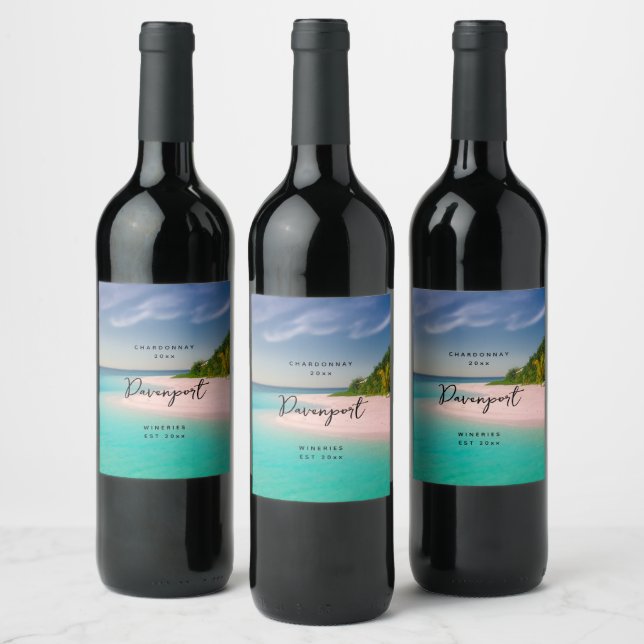 Aquamarine Ocean Tropical Beach Scenic Wine Making Vinflaska Etikett (Flaskor)