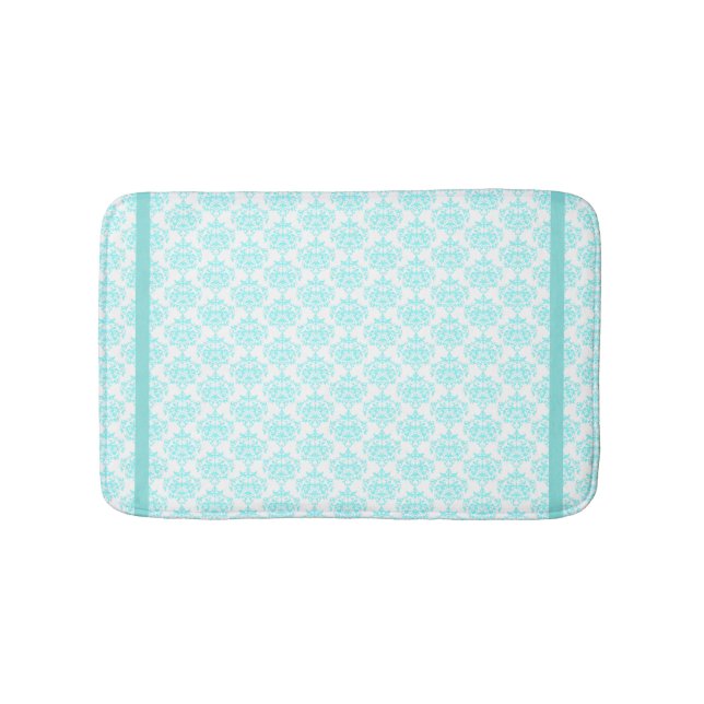 Aquamarine och White Damask Bath Mat Badrumsmatta (Framsidan)
