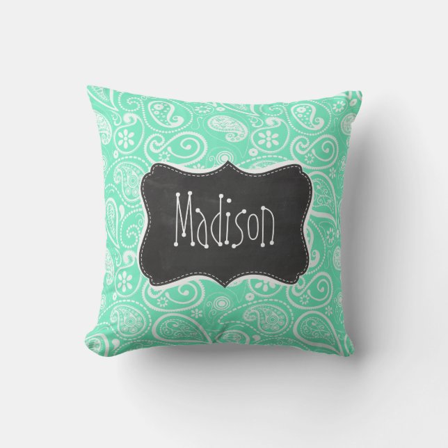 Aquamarine Paisley; Retro Chalkboard Kudde (Framsida)