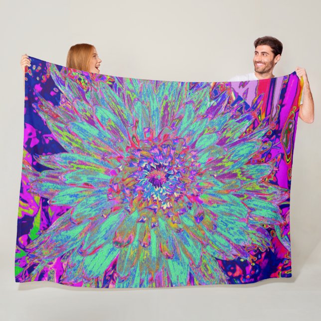 Aquamarine Rainbow Färg Abstrakt Dahlia Flower Fleecefilt (På plats)