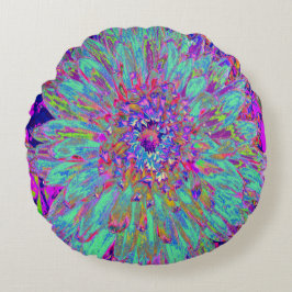 Aquamarine Rainbow Färg Abstrakt Dahlia Flower Rund Kudde