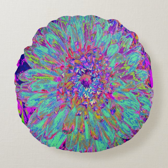 Aquamarine Rainbow Färg Abstrakt Dahlia Flower Rund Kudde (Framsidan)