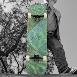 Aquamarine Seafoam Vatten Patchwork med Initialer Mini Skateboard Bräda 18,5 Cm