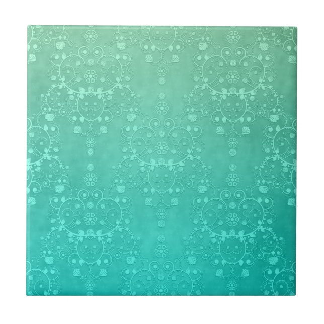 Aquamarine Teal Mint Grönt Finare Damask Pattern Kakelplatta (Framsidan)
