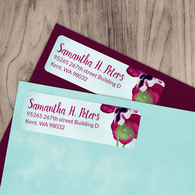 Aquamarine, Violet Pansies Returetiketter Returadress Etikett (magenta pink berry turquoise pansy flowers wedding invitation address label, mailing return address)