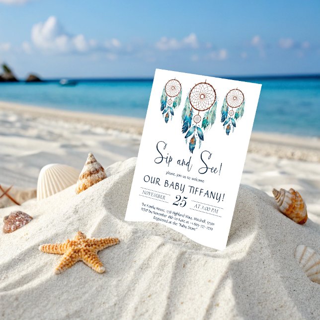 Aquamarine Watercolor Dreamcatcher Sip and See Inbjudningar (Aquamarine Watercolor Dreamcatcher Sip and See Invitation)
