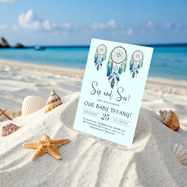 Aquamarine Watercolor Dreamcatcher Sip and See Inbjudningar (Aquamarine Watercolor Dreamcatcher Sip and See Invitation)