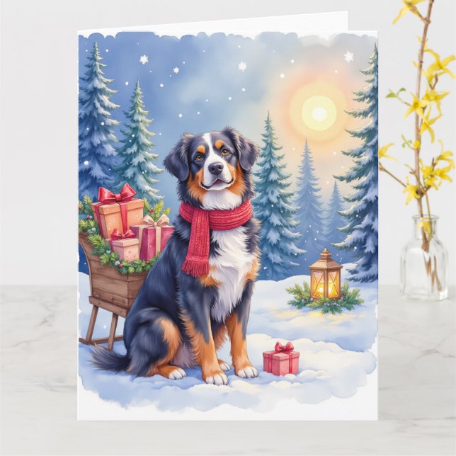 Aquarell Bernese Mountain Dog släde jul Kort (Gul blomma)