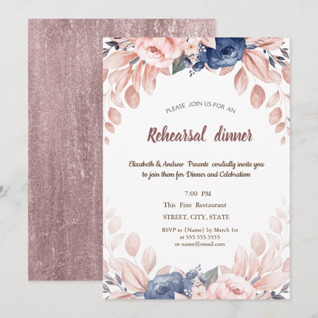 Aquarell Blå Blommor Övningsmiddag Inbjudningar (Fram/baksida)