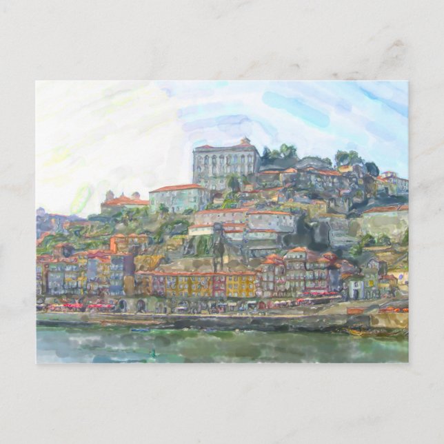 Aquarell. Blick über den Douro nach Porto Portugal Vykort (Framsida)