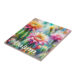 Aquarell Blommande Sukkulent Kaktus Personlig Kakelplatta