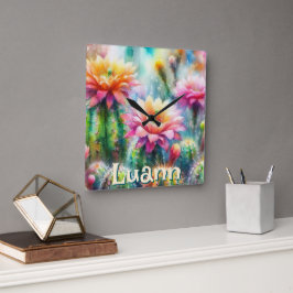 Aquarell Blommande Sukkulent Kaktusar Personlig Fyrkantig Klocka