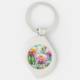 Aquarell Blommande Sukkulent Kaktusar Personlig Swirl Silverfärgad Nyckelring