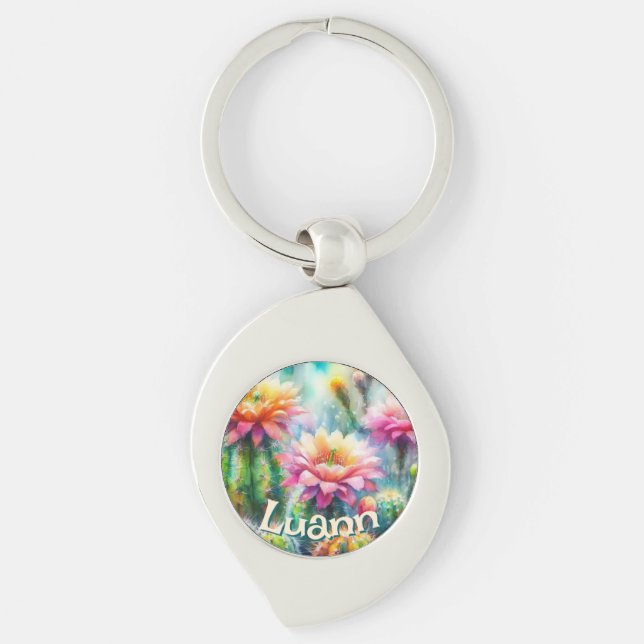 Aquarell Blommande Sukkulent Kaktusar Personlig Swirl Silverfärgad Nyckelring (Framsidan)