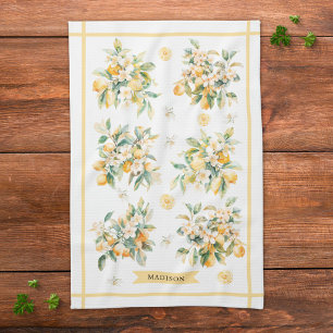 Aquarell Blommig Citron Gren Personlig Kökshandduk