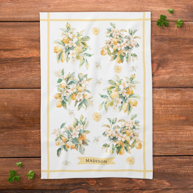 Aquarell Blommig Citron Gren Personlig Kökshandduk (Skapare uppladdad)