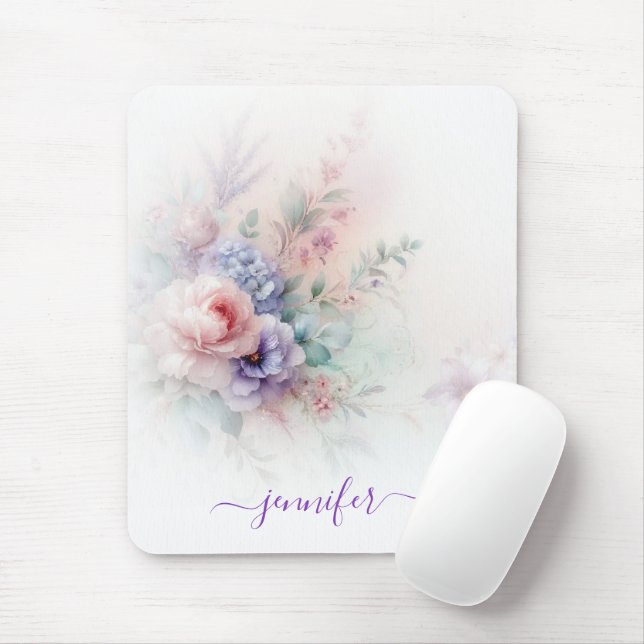 Aquarell Blommiga Pastellfärger Skriptnamn Vertika Musmatta (Med mus)
