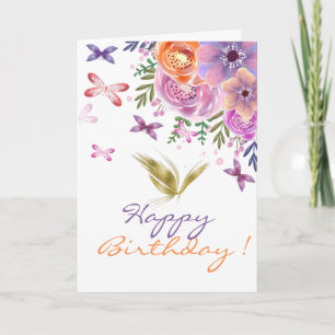 Aquarell Blommor Fjärilar Guld Glitter Kort